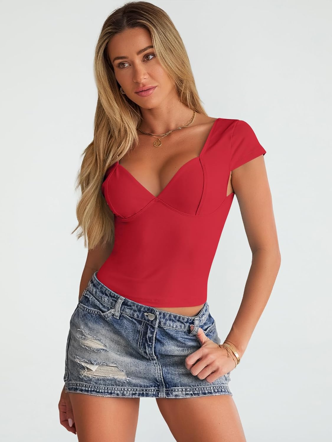 Trendy Queen Womens Summer V-Neck Backless Cute Tops Short Sleeve Sexy Slim Fit T-Shirts Y2K Clothes Corset Cami 2025